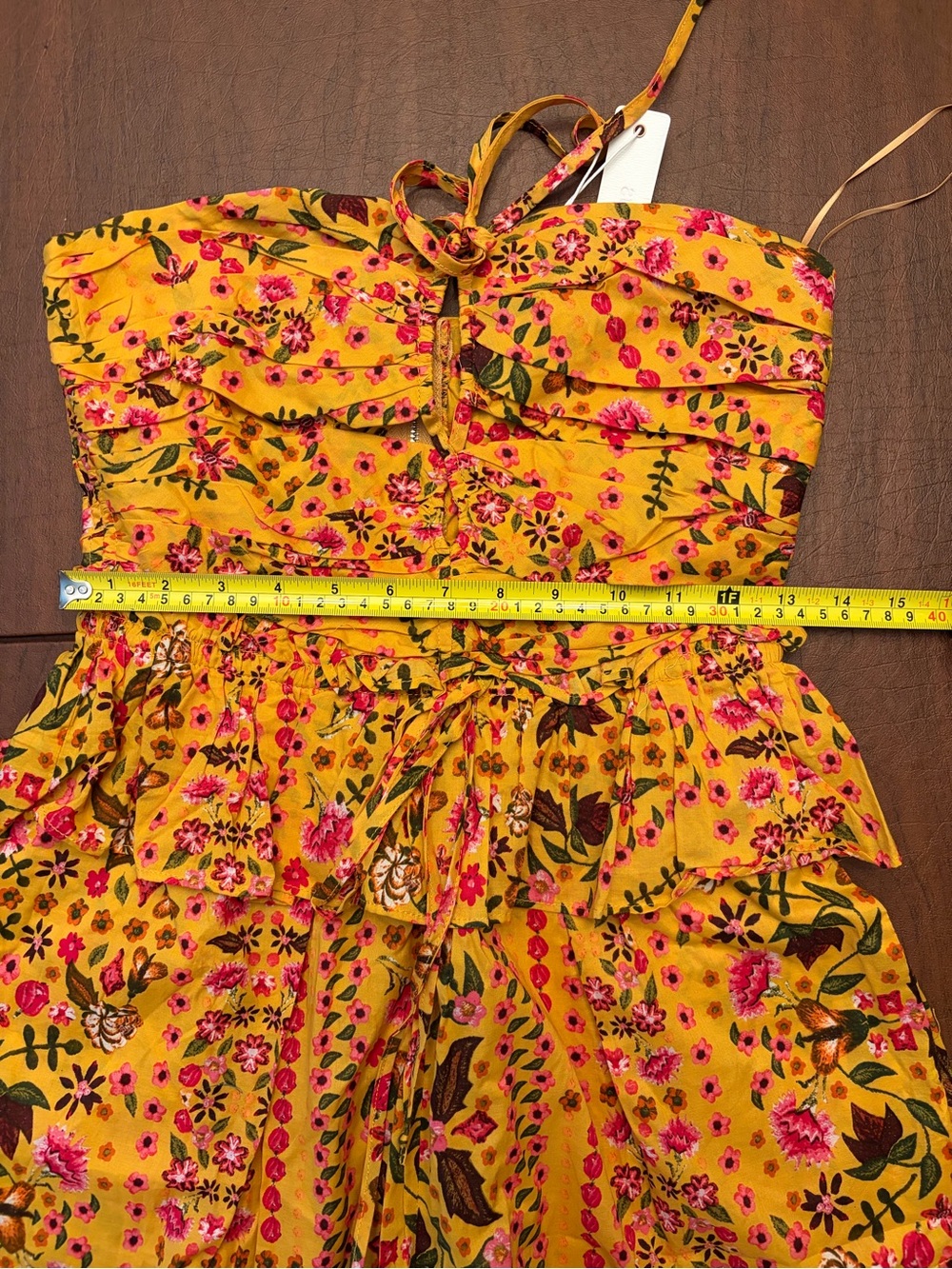 Olivaceous Yellow Floral Strapless Romper with Pink and Green Accents - Picture 6 of 7
